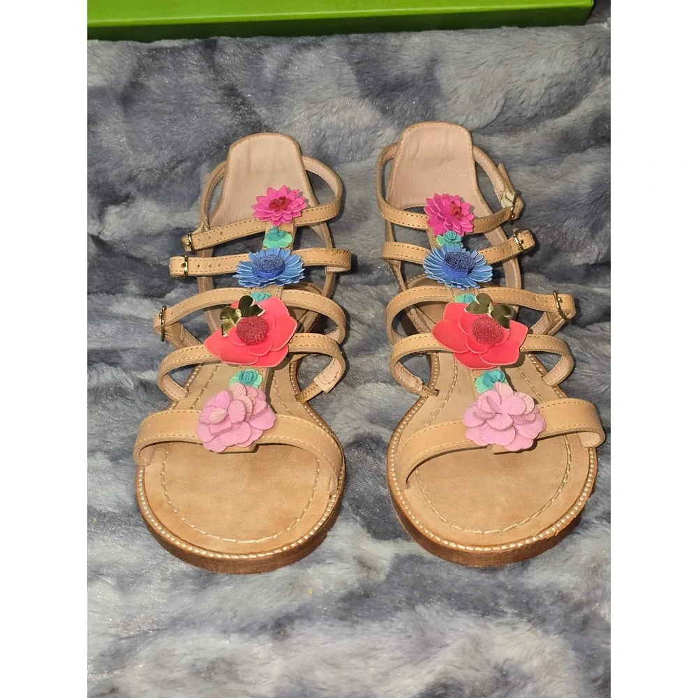 NWB Kate Spade Sadia Natural‎ Leather Floral Embellished Gladiator Sandals 9.5